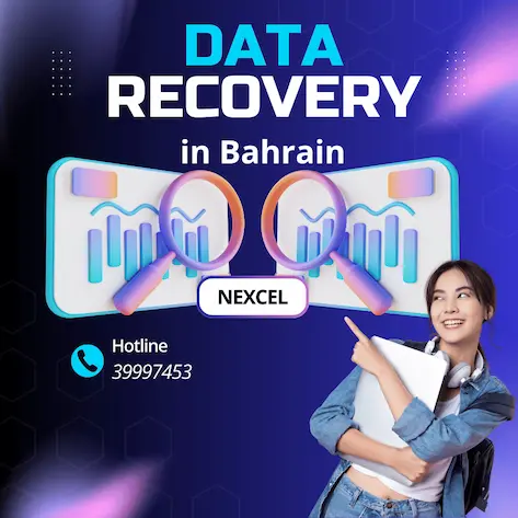 An advertisement for data recovery services in Bahrain by Nexcel. The image features a stylized graphic of magnifying glasses examining data charts, symbolizing the data recovery process. A woman gestures towards the information, and a hotline number 39997453 is prominently displayed.