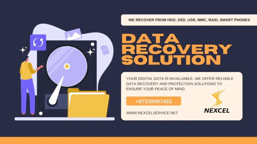 A digital signage screen displaying an advertisement of Data Recovery in Bahrain by Nexcel, in the graphical art a technician is analyzing a hard disk drive for potential Data Recovery of files and folders, contact information of Nexcel is also displayed in the advertisement. 