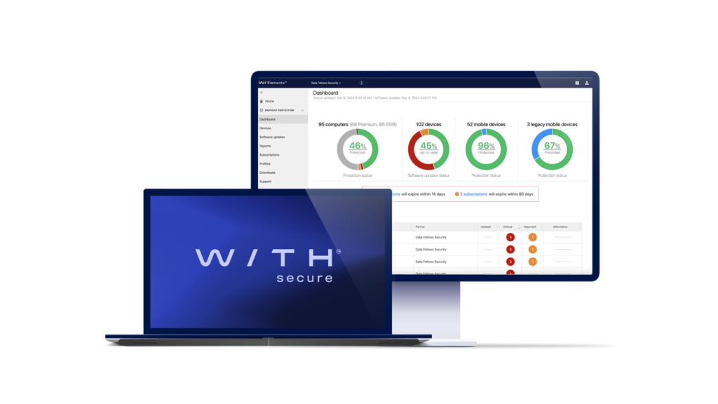Image of a laptop connected to a monitor. The laptop is displaying Withsecure wallpaper, the display on monitor shows dashboard of withsecure elements cloud security posture of all devices connected to the particular account.