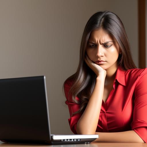 Young professional woman looking frustrated at her laptop, likely experiencing a Windows system crash. She is staring at the screen, stressed and concerned over the computer malfunction interrupting her work.