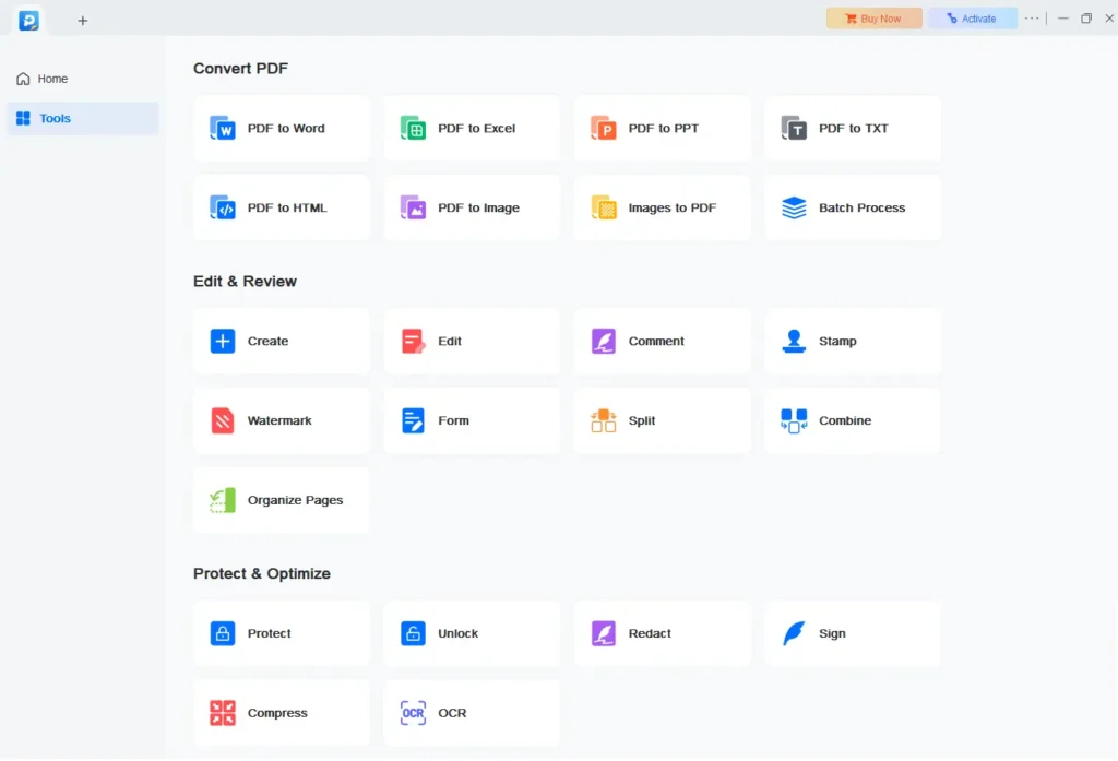 EaseUS PDF Editor interface showing key features: convert PDF to Word, Excel, PPT, TXT, HTML, image; edit, create, comment, stamp, watermark, form, split, combine, organize pages; protect, unlock, redact, sign, compress, OCR.