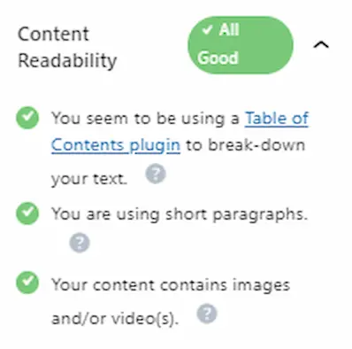 Rank Math WordPress SEO Plug's on page SEO Optimization image showing Content Readability status of a blog post.