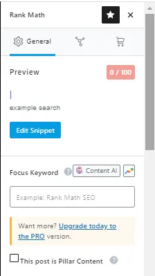 This image shows the Rank Math plugin's interface for editing a search engine snippet preview. It includes options for setting the focus keyword, previewing the snippet, and upgrading to the Pro version.