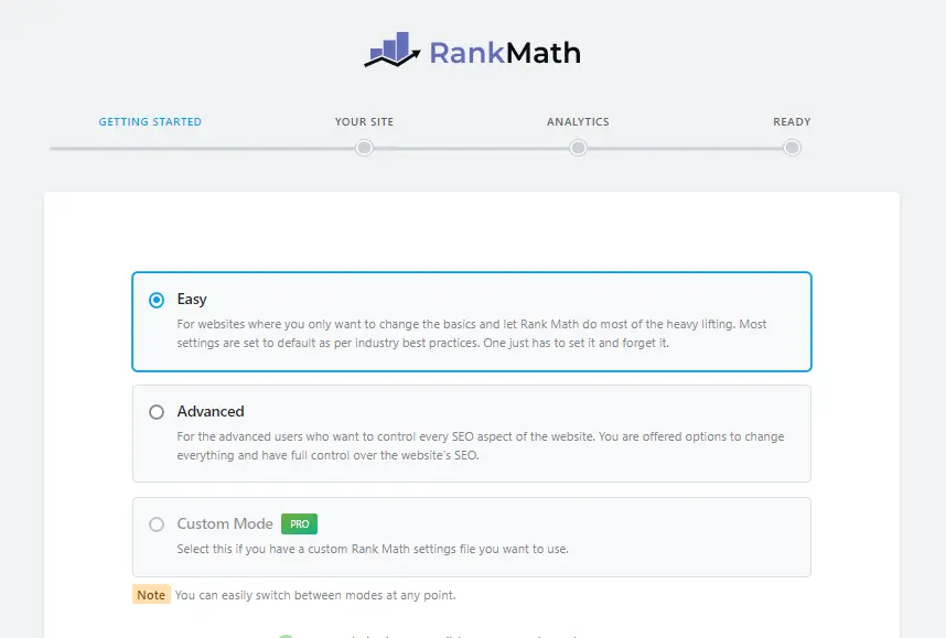 Rank Math Dashboard Image displaying the set up wizard of Rank Math SEO plugin.