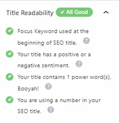 This image shows the Rank Math plugin's on-page SEO score for Title Readability.